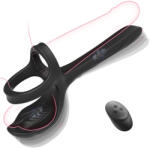 SuperLove Double Penetration 3in1 Vibrating Cock Ring & Testicles Stimulator with Remote Black Inel pentru penis