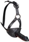 ZADO - mască din piele cu bilă de gag și dildo din latex (13 cm), negru/roșu