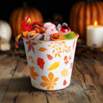  Őszi dekoráció - fém kaspó, vödör - leveles - 15 x 13, 7 cm 59033B (59033B)