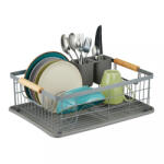 Relaxdays Edényszárító csepptálcával szürke-világosbarna 15, 5x42x31 cm 10035808_111