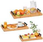 Relaxdays Bambusz tálalótálca fém fogantyúval egymásba rakható 3 db-os készlet 10046255