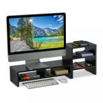 Relaxdays Monitortartó állvány polcokkal fekete 10039880