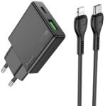 hoco. N38 încărcător de rețea USB + priză Type-C (20W, încărcător rapid PD 3.0, subțire + cablu Lightning) NEGRU (N38 BLACK+CABLE)