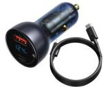 Baseus autós töltő USB+Type-C aljzat (65W, PD gyorstöltő 3.0 + Type-C kábel) SÖTÉTKÉKTZCCKX-0G