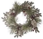  Dekoráció fenyő koszorú bogyóval, eukaliptusszal, glitteres, műanyag, 60cm, zöld-piros (CHN53795)