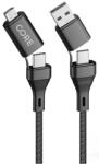 Forever - 4in1 kábel - 2 Type-C (USB-C) / MicroUSB / USB fejekkel, fekete szövet kábel 2, 4A, 1, 2 m