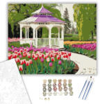  Virágzó Tulipánkert Fapavilonnal - számfestő készlet - 40×50 cm (Keretre feszítve)