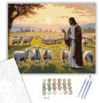  Jézus és Bárányok Napkeltekor - számfestő készlet - 40×50 cm (Keretre feszítve)