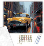  Sárga Klasszikus Taxi Esős Városi Utcán - számfestő készlet - 40×50 cm (Keretre feszítve)