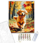  Golden Retriever Kiskutya Őszi Erdőben - számfestő készlet - 40×50 cm (Keretre feszítve)