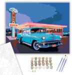 Számfestő Türkiz Retro Autó az 50-es Évek Étkezdéjénél - számfestő készlet - 40×50 cm (Keretre feszítve) (crea6582-40X50-KF)