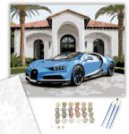  Kék Bugatti Chiron a Modern Villánál - számfestő készlet - 40×50 cm (Keretre feszítve)