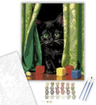  Játékos Fekete Kiscica Függöny Mögött - számfestő készlet - 40×50 cm (Keretre feszítve)