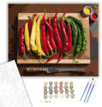  Színes Chili Paprikák Rusztikus Vágódeszkán - számfestő készlet - 40×50 cm (Keretre feszítve)