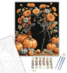 Számfestő Őszi fekete macska és tökök virágok között - számfestő készlet - 40×50 cm (Keretre feszítve) (crea3009-40X50-KF)
