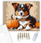  Őszi kiskutya tökökkel - számfestő készlet - 40×50 cm (Keretre feszítve)
