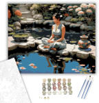  Meditáló Nő Koi Tó Partján - számfestő készlet - 40×50 cm (Keretre feszítve)