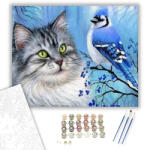 Számfestő Cica és kék madár - számfestő készlet - 40×50 cm (Keretre feszítve) (crea293-40X50-KF)