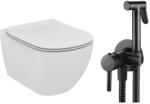 Ideal Standard Pachet vas wc suspendat Ideal Standard Tesi, capac softclose si set dus igiena intima negru cu baterie incastrata Rea Loop (T007901+T352701+5902557344826)