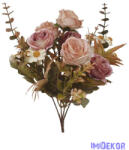  Antik színű rózsa + kis virágos csokor 29cm - Antik Barna