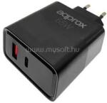 Approx Telefontöltő - USB Type-C, USB-A port, 65W gyorstöltő + 1m USB Type-C kábel, Fekete (APPUSBWALL65W) (APPUSBWALL65W)