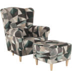 TEMPO KONDELA Füles fotel puffal, szövet barna-zöld minta, ASTRID