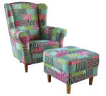 TEMPO KONDELA füles fotel puffal, szövet patchwork M1, ASTRID