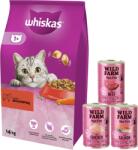 Whiskas WHISKAS Száraz macskatáp 1+ marhahússal 14kg + WILD FARM pástétom 3x400g