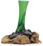  Különleges újrahasznosított üveg váza fa talapzaton 20cm