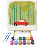  Piros autó zöld erdőben - gyerek számfestő készlet - 20×20 cm (Keretre feszítve)