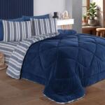 Eponj Home® Set dormit Pilota iarna pat dublu cu fata catifelata, Soft Line Albastru