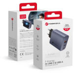 Forcell hálózati gyorstöltő, 2x USB C + USB A - 4A 65W PD + Quick Charge 4.0 funkcióval, kék