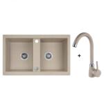 Laveo BARBADOS kétmedencés bézs szett álló csappal dugókiemelős helytakarékos szifonnal (OPSRBA_420T)