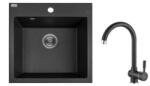 Laveo PAULO SZETT gránit egymedencés fekete mosogató csappal, szifonnal, 49x49x21, 4 cm (OPSRN_710PL)