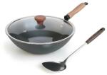 M-Cooker Wok clasic din otel carbon, în set cu capac de sticlă, spatulă metal