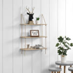PremiumXL Polcrendszer Háromszintes Függőpolc 60x23, 5 cm Design Fali Polc Kötéllel Állítható Magasság Fa