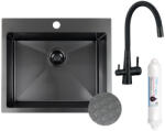 Laveo MALAWI fekete színű, struktúrált felületű beépíthető inox mosogató szifonnal, RIVECO vízszűrős szettel, 50x58x20 cm (SLMA_710F)