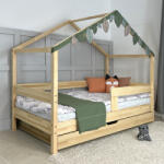 TODI Házikóágy 180×90 cm, long tetővel, classic leesésgátlóval, ágyneműtartóval, festésre előkészített felülettel