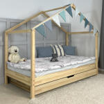 TODI Házikóágy 180×90 cm, long tetővel, leesésgátló nélkül, ágyneműtartóval, lakkozott fenyő színben