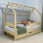 TODI Házikóágy 180×90 cm, original tetővel, classic leesésgátlóval, ágyneműtartóval, festésre előkészített felülettel