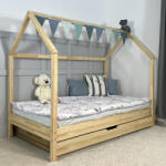 TODI Házikóágy 180×90 cm, original tetővel, leesésgátló nélkül, ágyneműtartóval, festésre előkészített felülettel