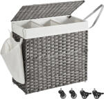 SONGMICS Kézzel fonott rattan stílusú szennyeskosár 3 rekesszel 140L, szürke (LCB363G01)