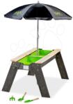 EXIT Toys Nisipar din cedru cu măsuță pentru apă și nisip Aksent sand&water table Deluxe Exit Toys mare cu capac parasolar și unelte de grădină (ET52050545)