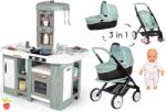 Smoby Set bucătărie electronică cu bule magice Tefal Studio Kitchen XL Bubble 360° și cărucior Smoby combinație triplă cu păpușă de 32 cm (SM311053-4) Bucatarie copii