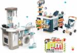 Smoby Set bucătărie electronică cu mașină de spălat și masă de călcat Tefal Cleaning Kitchen 360° Smoby și magazin cu casă de marcat electronică și alimente cu vase (SM311050-15) Bucatarie copii