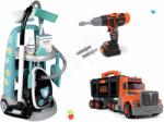 Smoby Set cărucior de curățenie cu aspirator elecronic Cleaning Trolley Vacuum Cleaner Smoby și camion cu valiză de lucru și mașină de găurit electronică (SM330316-12)