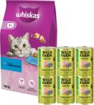 Whiskas WHISKAS Száraz macskatáp 1+ tonhallal 14kg + WILD FARM Premium Grain Free Chicken and Sprats 6x400g