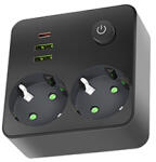 Kobi Fali elosztó 2 darab aljzattal, 2 USB-A + 1 USB-C és kapcsolóval (2 földelt), fekete (KOBI-004318)