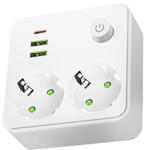 Kobi Fali elosztó 2 darab aljzattal, 2 USB-A + 1 USB-C és kapcsolóval (2 földelt), fehér (KOBI-004317)