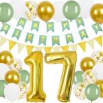 PartyJoy Set decoratiuni pentru aniversarea de 17 ani , banner verde cu auriu, triunghiuri, 24 de piese, baloane , œHappy Birthday, pentru fete si baieti (b0cw3ckzrl)